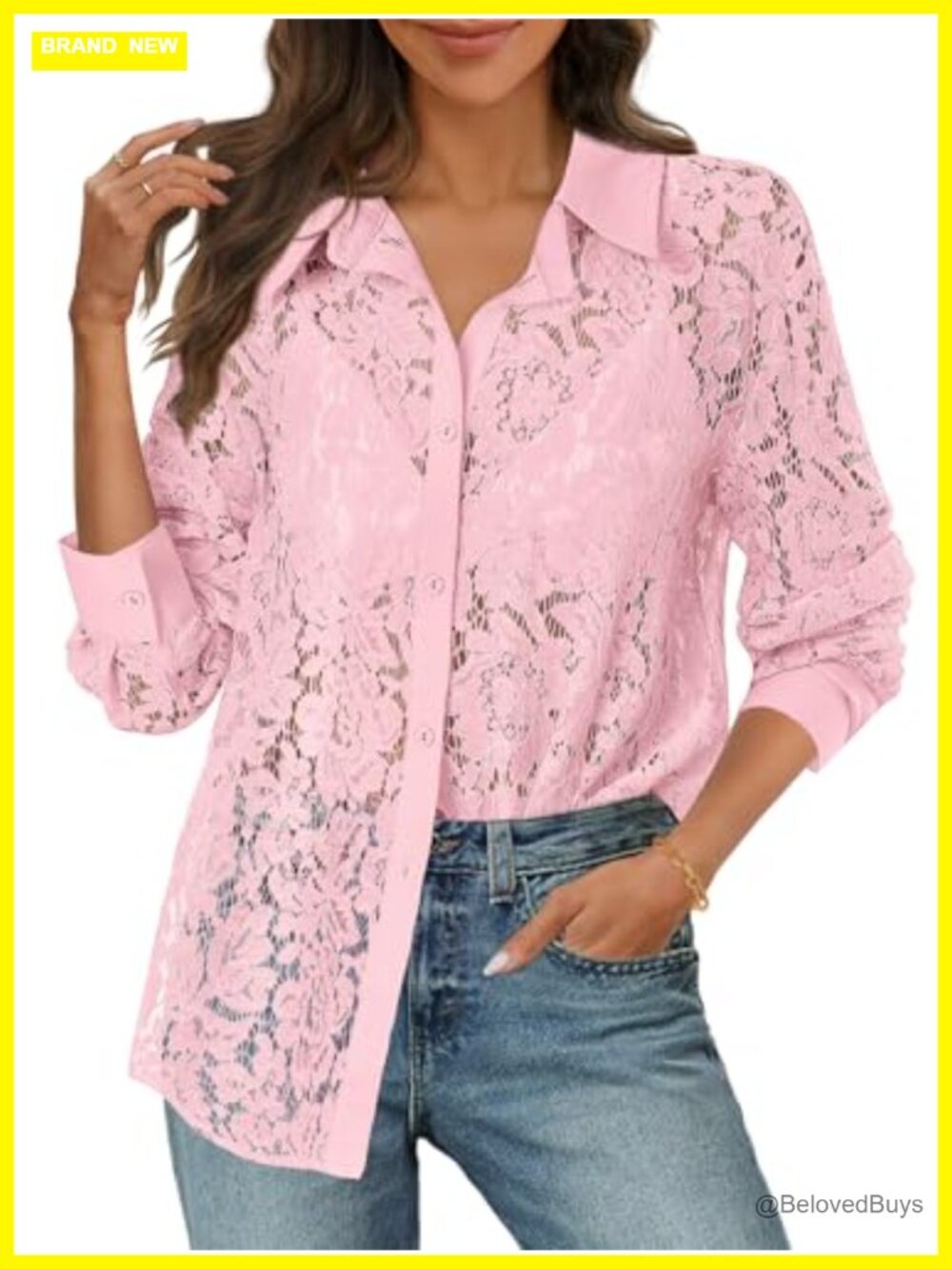 Lace Button Down Blouse Long Sleeve Dressy Casual Sheer Top